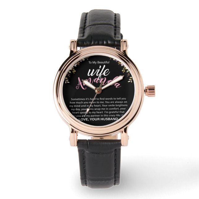 Custom Name with Pink Rose Message for Wife Watch (Front)