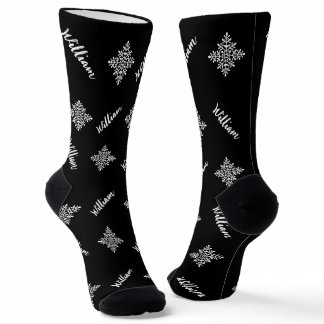 Custom Name With Snowflakes Pattern Black &amp; White Socks