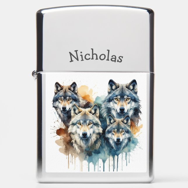 Custom Name Wolf Family Wildlife Nature art Zippo Lighter (Front)