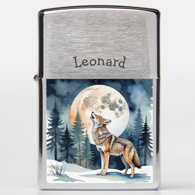 Custom Name Wolf Howling at the Moon Wildlife Zippo Lighter (Front)