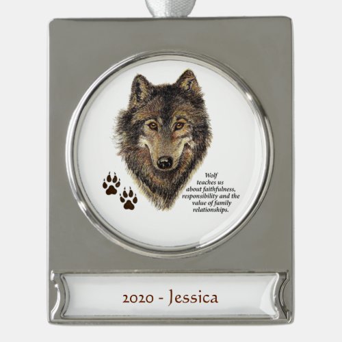 Custom Name Wolf Totem Animal Spirit Guide art Silver Plated Banner Ornament