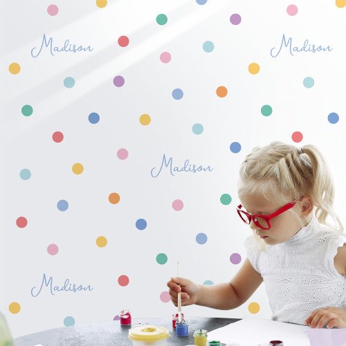 Custom Name Words Kids Colorful Polka Dot White Wallpaper