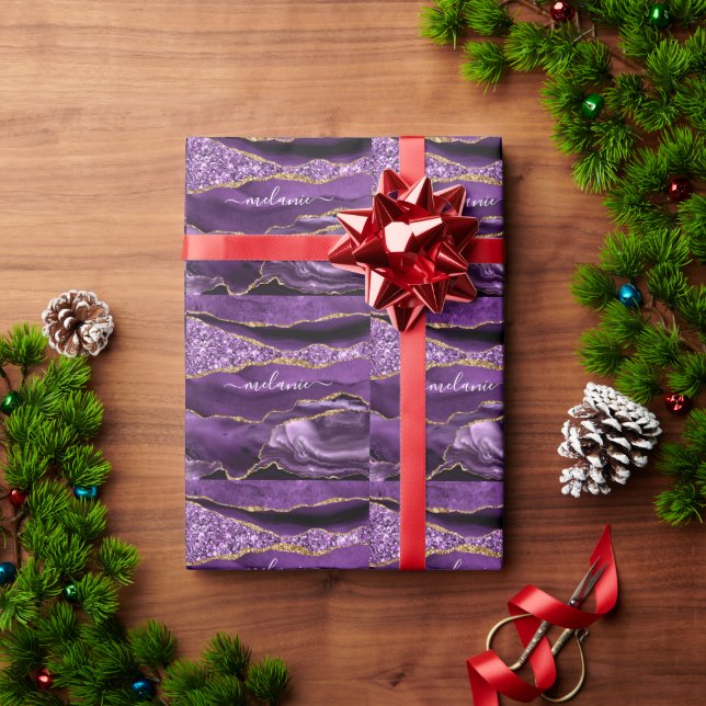 Custom Name Wrapping Paper Purple Gold Glitter (Holiday Gift)