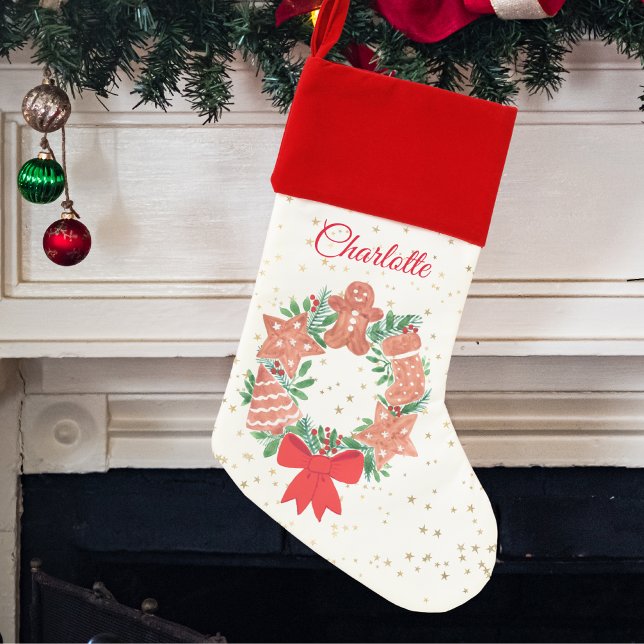 Custom Name Wreath Gold Stars Cookies Christmas Stocking (Creator Uploaded)