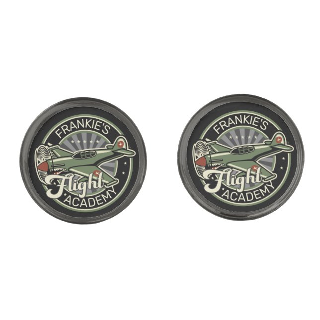 Custom NAME WWII Military Fighter War Plane Retro Cufflinks (Front)