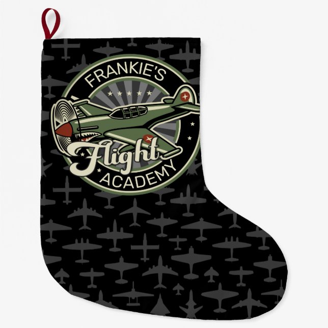 Custom NAME WWII Military Fighter War Plane Retro Large Christmas Stocking (Front)