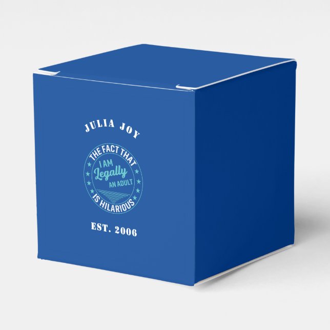 Custom Name & Year Blue & White "Legally an Adult" Favor Boxes (Front Side)