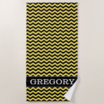 [ Thumbnail: Custom Name + Yellow & Black Wavy Line Pattern Beach Towel ]