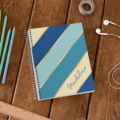 Custom Name Yellow Blue Teal Seafoam Green Stripes Notebook