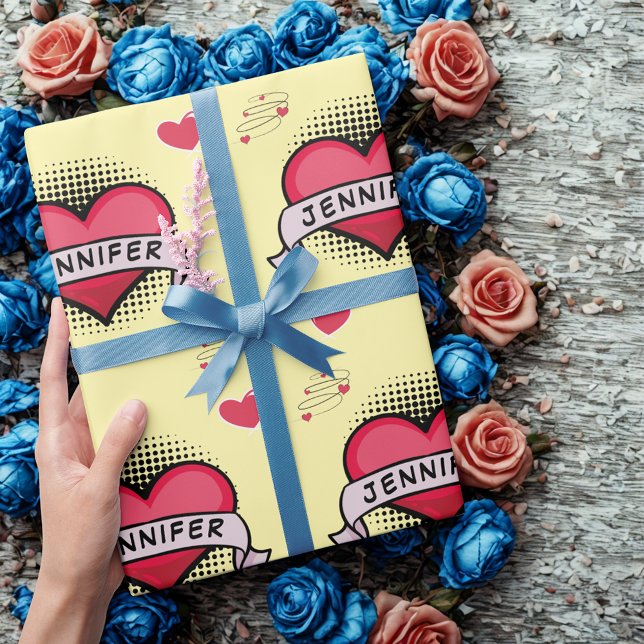 Custom Name Yellow Comic Love Gift Wrapping Paper (Creator Uploaded)