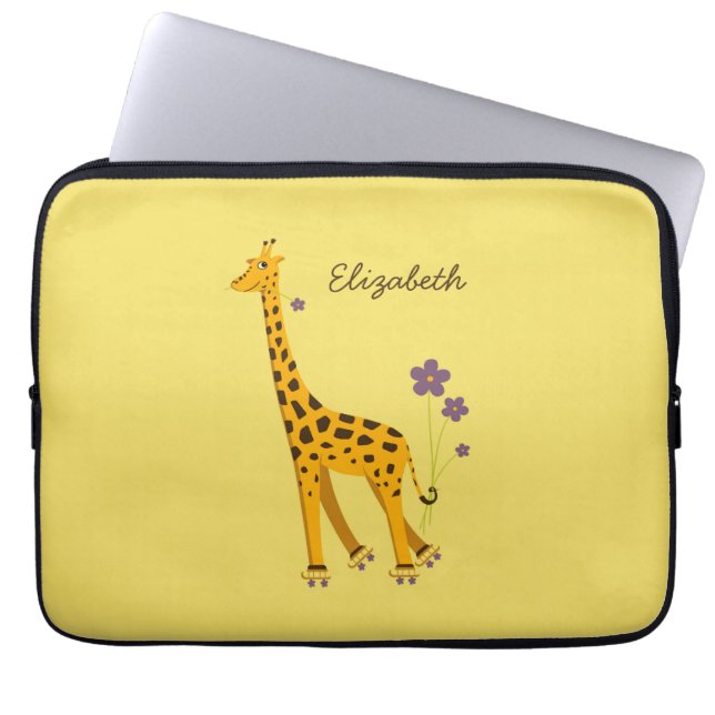 Custom Name Yellow Cute Cartoon Giraffe Laptop Sleeve (Front)
