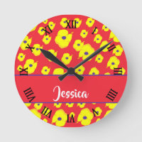 Custom  name yellow flowers on pink round clock