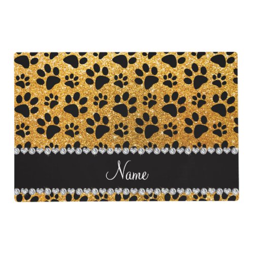 Custom name yellow glitter black dog paws placemat
