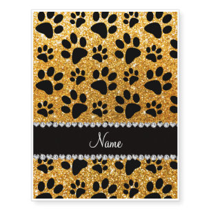 Custom name yellow glitter black dog paws temporary tattoos