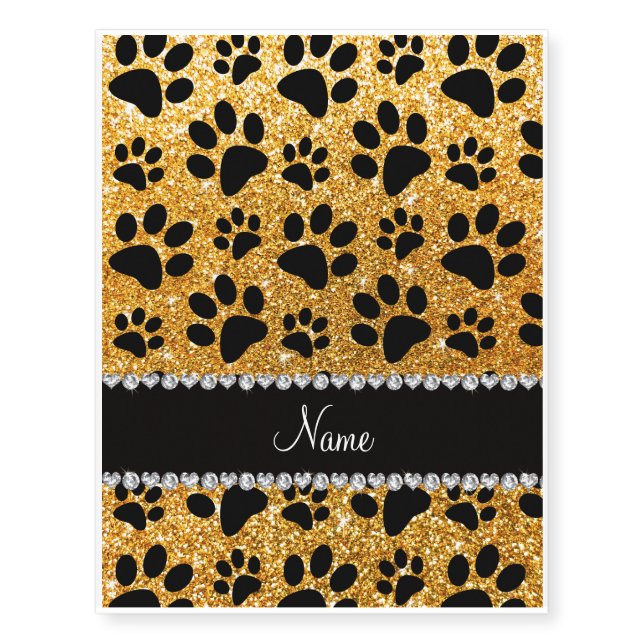 Custom name yellow glitter black dog paws temporary tattoos (Front)