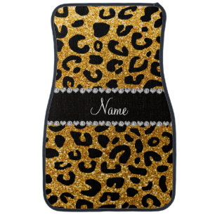 Custom name yellow glitter cheetah print car floor mat