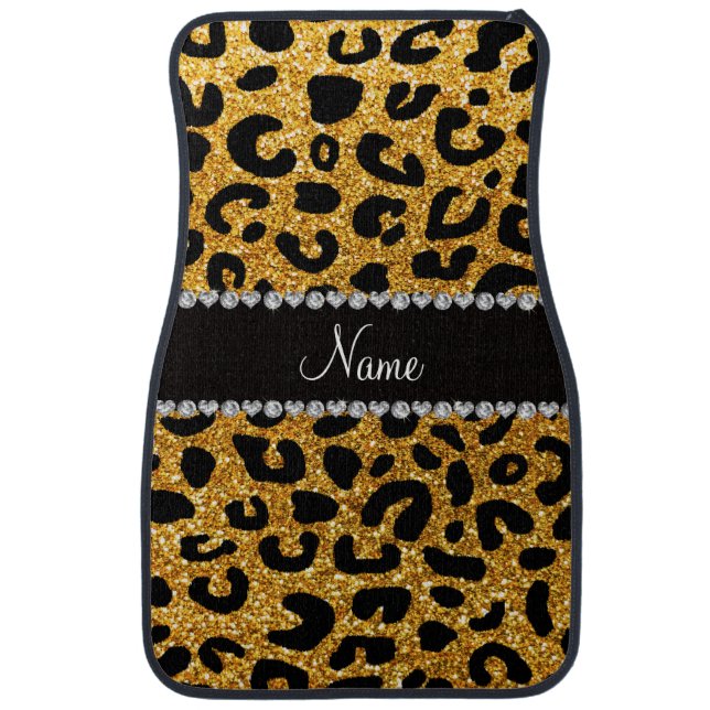 Custom name yellow glitter cheetah print car floor mat (Front)