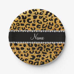 Custom name yellow glitter cheetah print paper plates