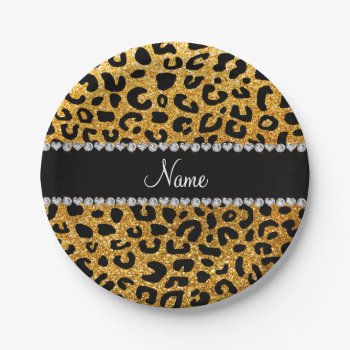 Custom Name Yellow Glitter Cheetah Print Paper Plates by Brothergravydesigns at Zazzle