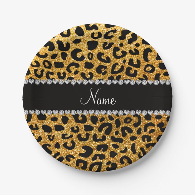 Custom name yellow glitter cheetah print paper plates (Front)