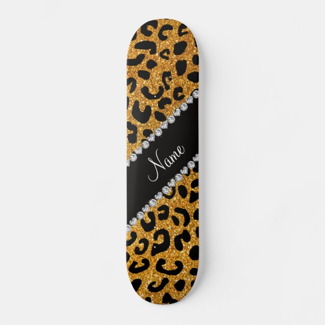 Custom name yellow glitter cheetah print skateboard (Front)