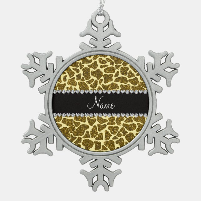 Custom name yellow glitter giraffe snowflake pewter christmas ornament (Front)
