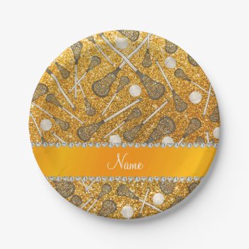 Custom Name Yellow Glitter Lacrosse Sticks Paper Plates by Brothergravydesigns at Zazzle