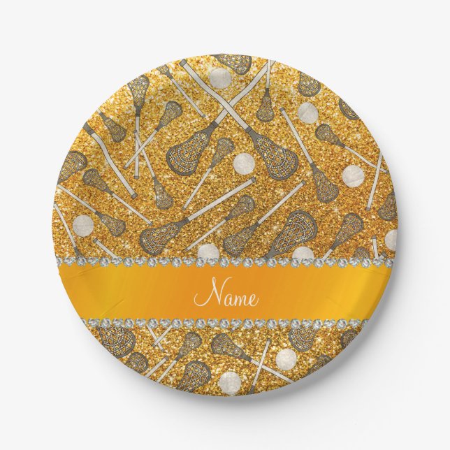 Custom name yellow glitter lacrosse sticks paper plates (Front)