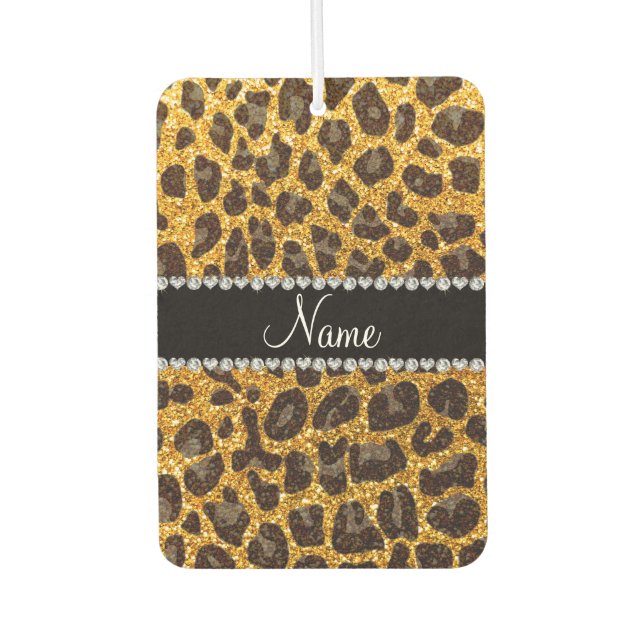 Custom name yellow glitter leopard print car air freshener (Front)