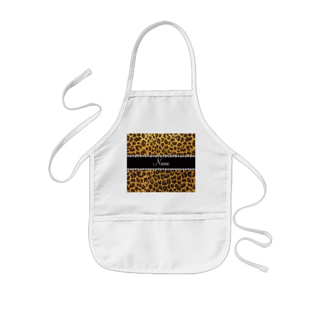 Custom name yellow glitter leopard print kids' apron (Front)