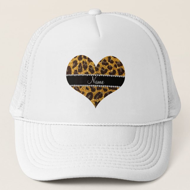 Custom name yellow glitter leopard print trucker hat (Front)