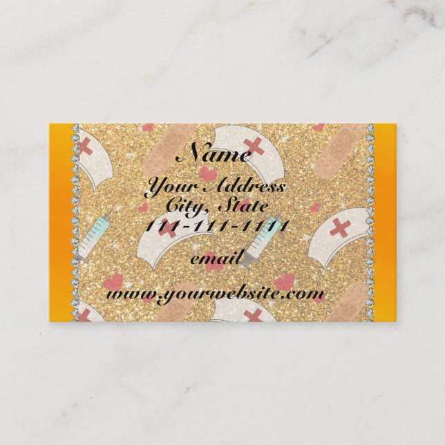 Custom name yellow glitter nurse hats heart business card (Front)