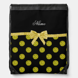 Custom name yellow glitter polka dots bow drawstring bag