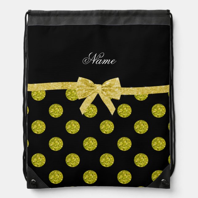 Custom name yellow glitter polka dots bow drawstring bag (Front)