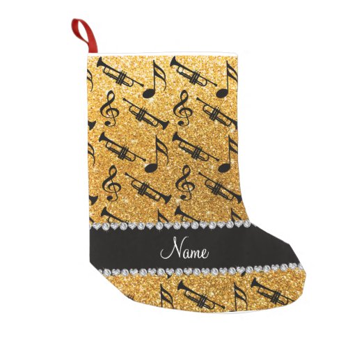 Custom name yellow glitter trumpets music notes small christmas stocking