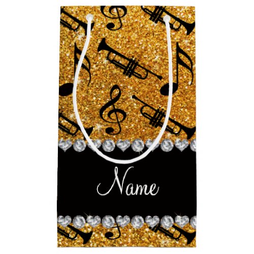 Custom name yellow glitter trumpets music notes small gift bag