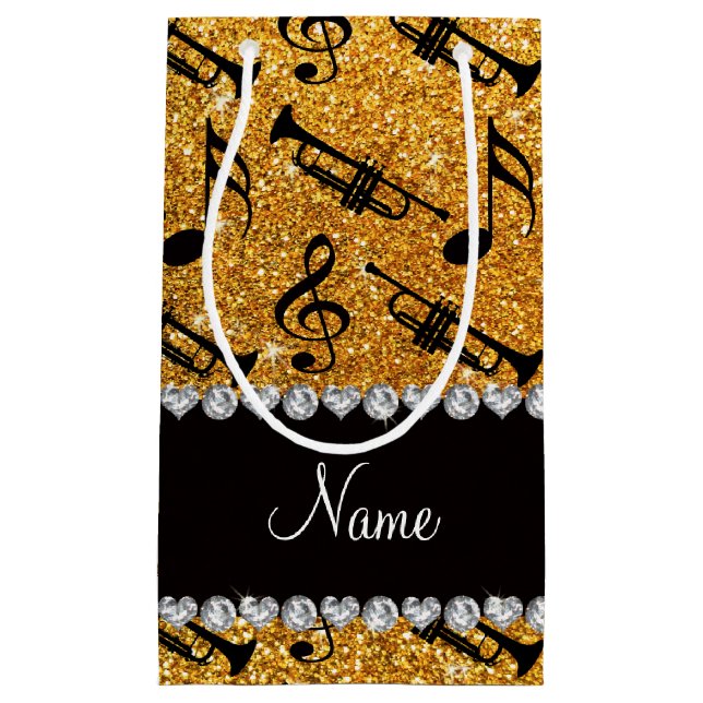 Custom name yellow glitter trumpets music notes small gift bag (Front)