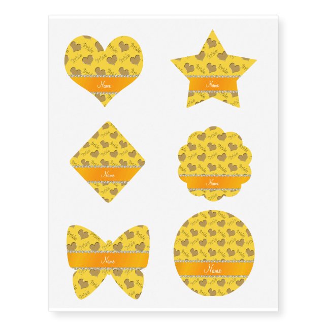 Custom name yellow gold bride hearts temporary tattoos (Front)