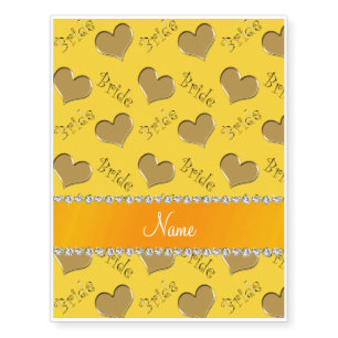 Custom name yellow gold bride hearts temporary tattoos