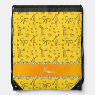 Custom name yellow gold cheerleading bows hearts drawstring bag