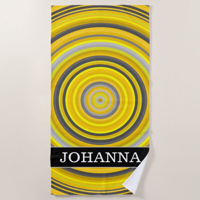 Custom Name + Yellow & Gray Nested Circles Pattern Beach Towel (Front)