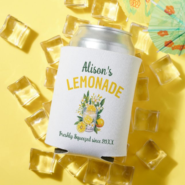 Custom Name Yellow Green Lemonade Summer Party Can Cooler (In Situ Summer)