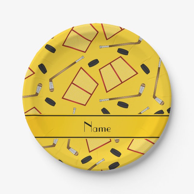 Custom name yellow hockey sticks pucks nets paper plates (Front)
