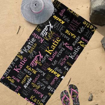 Custom Name Yellow Pink Gray Black Typographic Beach Towel by Mylittleeden at Zazzle