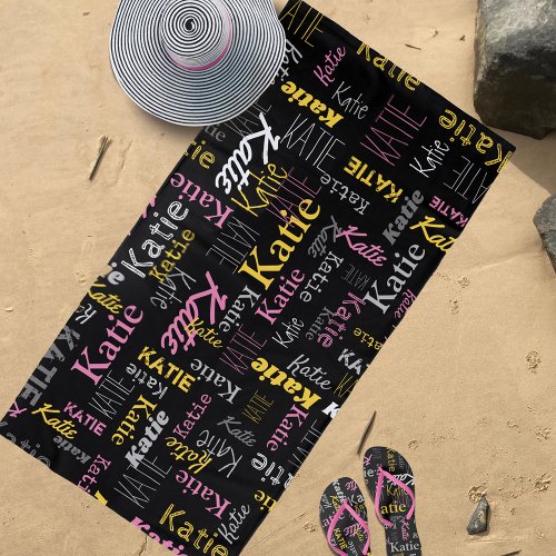 Custom name yellow pink gray black typographic beach towel