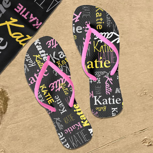 Custom name yellow pink gray black typographic flip flops