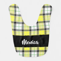 Custom name yellow plaid pattern baby bib