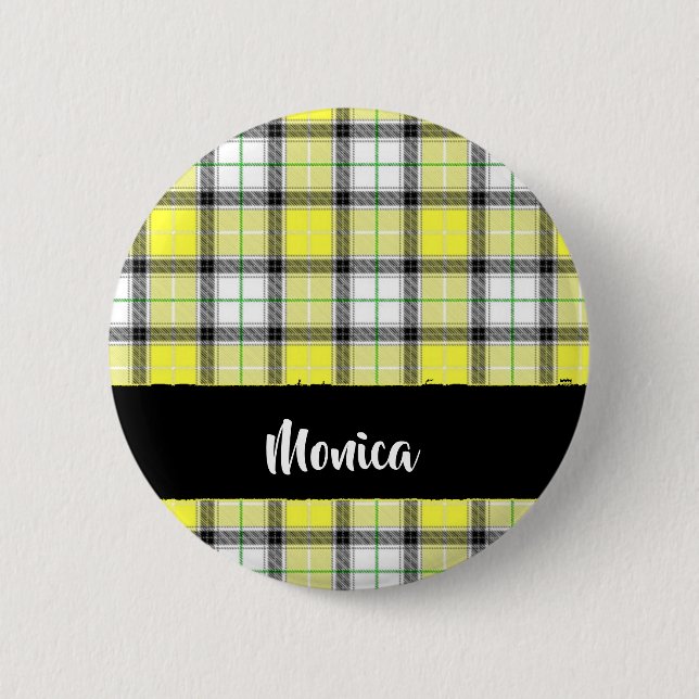 Custom name yellow plaid pattern button (Front)