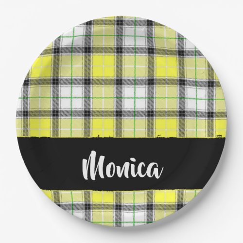 Custom name yellow plaid pattern paper plates