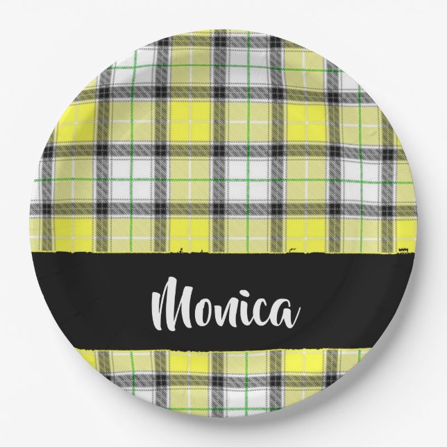 Custom name yellow plaid pattern paper plates (Front)